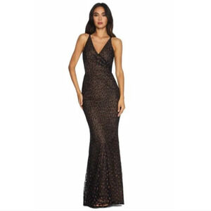 Dress the Population Helen Dress Black Tan Lace Trumpet Gown Maxi Leopard Size L